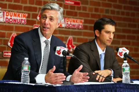 BOSTON, MA – SEPTEMBER 24: Dave Dombrowski, President of Baseball Operations, left, and Mike Hazen, new Senior Vice President and General Manager of the Red Sox, address the media during a press conference to announce Hazen’s promotion before the game against the Tampa Bay Rays at Fenway Park on September 24, 2015 in Boston, Massachusetts. (Photo by Maddie Meyer/Getty Images)