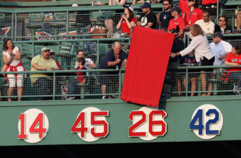 BOSTON, MA – MAY 26: Wade Boggs speaks during his uniform number retirement ceremony prior to the game between the Boston Red Sox and the Colorado Rockies at Fenway Park on May 26, 2016 in Boston, Massachusetts. (Photo by Maddie Meyer/Getty Images)