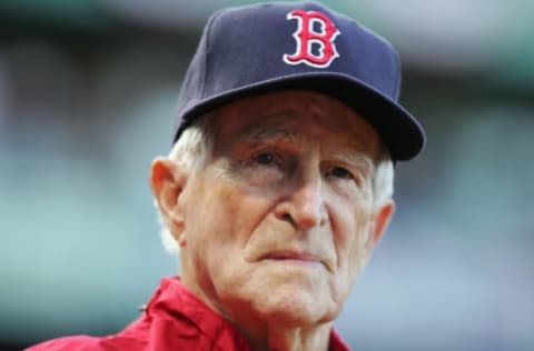 BOSTON – OCTOBER 13: Johnny Pesky of the Boston Red Sox looks on before taking on the Tampa Bay Rays in game three of the American League Championship Series during the 2008 MLB playoffs at Fenway Park on October 13, 2008 in Boston, Massachusetts. (Photo by Jim McIsaac/Getty Images)