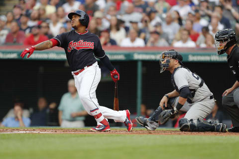 CLEVELAND, OH – JULY 14: Jose Ramirez #11 of the Cleveland Indians hits a home run against the New York Yankees in the first inning at Progressive Field on July 14, 2018 in Cleveland, Ohio. The Yankees defeated the Indians 5-4. (Photo by David Maxwell/Getty Images)