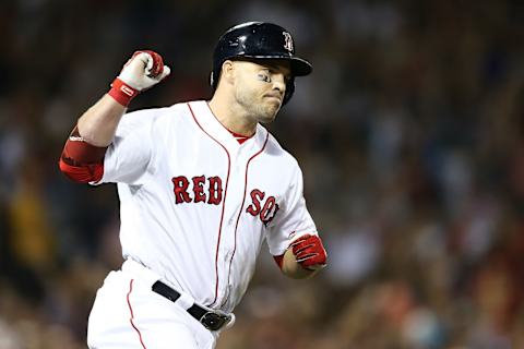 BOSTON, MA – AUGUST 2: Steve Pearce #25 of the Boston Red Sox reacts as he rounds first base after hitting a three-run home run in the fourth inning of a game against the New York Yankees at Fenway Park on August 2, 2018 in Boston, Massachusetts. (Photo by Adam Glanzman/Getty Images)