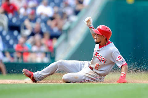 WASHINGTON, DC – AUGUST 04: Billy Hamilton #6 of the Cincinnati Reds slides into third base in the sixth inning against the Washington Nationals during game one of a doubleheader at Nationals Park on August 4, 2018 in Washington, DC. (Photo by Greg Fiume/Getty Images)