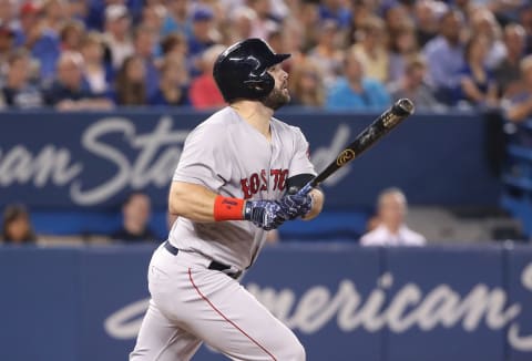 TORONTO, ON – AUGUST 8: Mitch Moreland #18 of the Boston Red Sox hits a two-run double in the third inning during MLB game action against the Toronto Blue Jays at Rogers Centre on August 8, 2018 in Toronto, Canada. (Photo by Tom Szczerbowski/Getty Images)