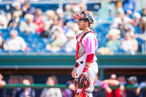 PORTLAND, ME – MAY 13: Austin Rei #28 of the Portland Sea Dogs watches a play in a game between the Portland Sea Dogs and the Binghamton Rumble Ponies at Hadlock Field on May 13, 2018 in Portland, Maine. (Photo by Zachary Roy/Getty Images)