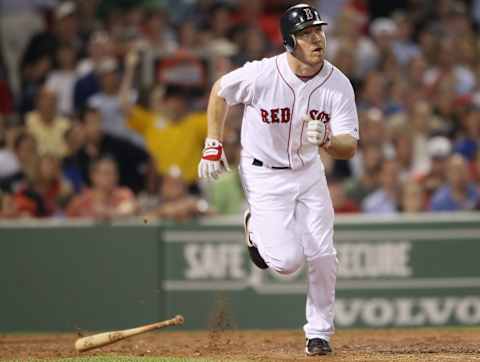 BOSTON – JUNE 02: J.D. Drew #7 of the Boston Red Sox runs as he watches his hit against the Oakland Athletics on June 2, 2010 at Fenway Park in Boston, Massachusetts. (Photo by Elsa/Getty Images)