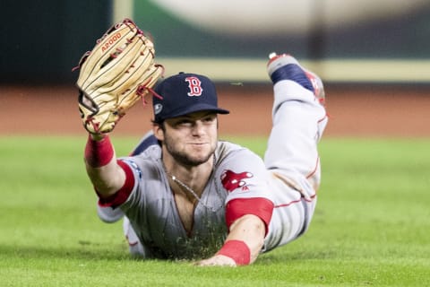 HOUSTON, TX – OCTOBER 17: Andrew Benintendi #16 of the Boston Red Sox catches the final out of the game during the ninth inning of game four of the American League Championship Series against the Houston Astros on October 17, 2018 at Minute Maid Park in Houston, Texas. (Photo by Billie Weiss/Boston Red Sox/Getty Images)