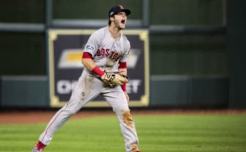 HOUSTON, TX – OCTOBER 17: Andrew Benintendi #16 of the Boston Red Sox reacts after catching the final out of the game during the ninth inning of game four of the American League Championship Series against the Houston Astros on October 17, 2018 at Minute Maid Park in Houston, Texas. (Photo by Billie Weiss/Boston Red Sox/Getty Images)