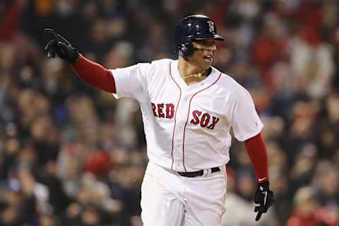 BOSTON, MA – OCTOBER 23: Rafael Devers #11 of the Boston Red Sox celebrates his fifth inning RBI single against the Los Angeles Dodgers in Game One of the 2018 World Series at Fenway Park on October 23, 2018 in Boston, Massachusetts. (Photo by Maddie Meyer/Getty Images)