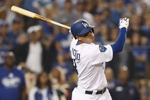 LOS ANGELES, CA – OCTOBER 26: Manny Machado #8 of the Los Angeles Dodgers flies out during the tenth inning against the Boston Red Sox in Game Three of the 2018 World Series at Dodger Stadium on October 26, 2018 in Los Angeles, California. (Photo by Ezra Shaw/Getty Images)