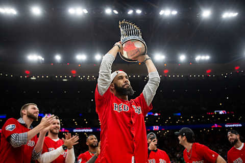 BOSTON, MA – NOVEMBER 1: David Price of the Boston Red Sox celebrates with The Commissioner’s Trophy during the first quarter of the game between the Boston Celtics and the Milwaukee Bucks at TD Garden on November 1, 2018 in Boston, Massachusetts. (Photo by Maddie Meyer/Getty Images)