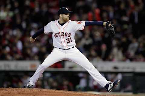 HIROSHIMA, JAPAN – NOVEMBER 13: Pitcher Collin McHugh #31 of the Huston Astros throws in the top of 7th inning during the game four between Japan and MLB All Stars at Mazda Zoom Zoom Stadium Hiroshima on November 13, 2018 in Hiroshima, Japan. (Photo by Kiyoshi Ota/Getty Images)