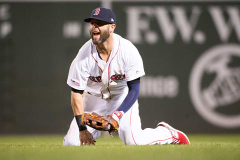 BOSTON, MA – APRIL 11: Dustin Pedroia #15 of the Boston Red Sox reacts after missing the ball in the fifth inning at Fenway Park on April 11, 2019 in Boston, Massachusetts. (Photo by Kathryn Riley /Getty Images)