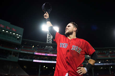 BOSTON, MA – MAY 15: Michael Chavis #23 of the Boston Red Sox tips his cap after hitting a walk off RBI single against the Colorado Rockies in the tenth inning at Fenway Park on May 15, 2019 in Boston, Massachusetts. (Photo by Kathryn Riley/Getty Images)