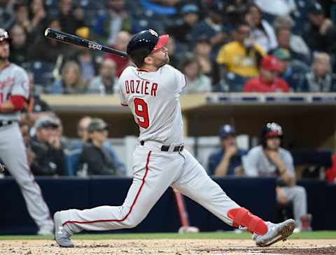 SAN DIEGO, CA – JUNE 6: Brian Dozier #9 of the Washington Nationals hits a two-run home run during the first inning of a baseball game against the San Diego Padres at Petco Park June 6, 2019 in San Diego, California. (Photo by Denis Poroy/Getty Images)