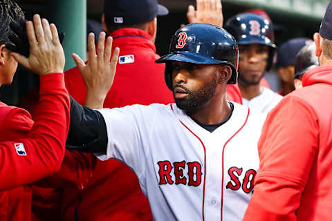 BOSTON, MA – JUNE 13: Jackie Bradley Jr. #19 of the Boston Red Sox returns to the dugout after hitting a three-run home run in the second inning against the Texas Rangers at Fenway Park on June 13, 2019 in Boston, Massachusetts. (Photo by Adam Glanzman/Getty Images)