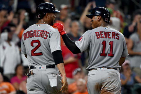 BALTIMORE, MD – JULY 20: Xander Bogaerts #2 and Rafael Devers #11 of the Boston Red Sox celebrate after scoring during the fourth inning against the Baltimore Orioles at Oriole Park at Camden Yards on July 20, 2019 in Baltimore, Maryland. (Photo by Will Newton/Getty Images)