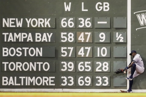 BOSTON, MA – JULY 26: Cameron Maybin #38 of the New York Yankees crashes into the green Monster scoreboard as he misses a fly ball hit by Sam Travis #59 of the Boston Red Sox in the seventh inning at Fenway Park on July 26, 2019 in Boston, Massachusetts. (Photo by Adam Glanzman/Getty Images)