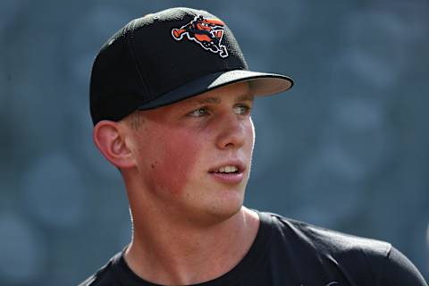 BALTIMORE, MARYLAND – JUNE 25: The 2019 top overall pick in the Major League Baseball draft, Adley Rutschman #35 of the Baltimore Orioles looks on before the Orioles play the San Diego Padres at Oriole Park at Camden Yards on June 25, 2019 in Baltimore, Maryland. (Photo by Patrick Smith/Getty Images)