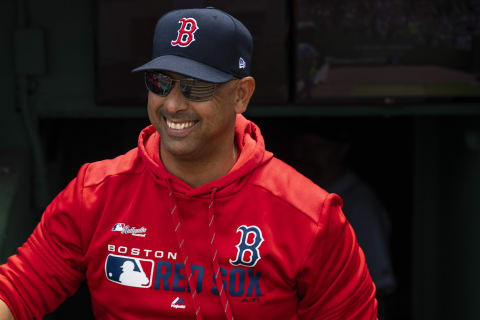 BOSTON, MA – AUGUST 22: Manager Alex Cora of the Boston Red Sox reacts before a game against the Kansas City Royals on August 22, 2019 at Fenway Park in Boston, Massachusetts. The game is the completion of the game that was suspended due to weather on August 7 in the top of the 10th inning with a tied score of 4-4. (Photo by Billie Weiss/Boston Red Sox/Getty Images)