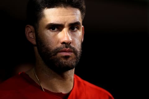 BOSTON, MASSACHUSETTS – AUGUST 17: J.D. Martinez #28 of the Boston Red Sox looks on from the dugout during the second inning against the Baltimore Orioles at Fenway Park on August 17, 2019 in Boston, Massachusetts. (Photo by Maddie Meyer/Getty Images)