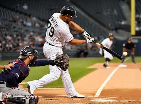 CHICAGO, ILLINOIS – AUGUST 28: Jose Abreu #79 of the Chicago White Sox hits a RBI double in the first inning against the Minnesota Twins at Guaranteed Rate Field on August 28, 2019 in Chicago, Illinois. (Photo by Quinn Harris/Getty Images)