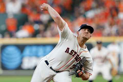 HOUSTON, TEXAS – OCTOBER 04: Will Harris #36 of the Houston Astros delivers a pitch in the eighth inning against the Tampa Bay Rays in game one of the American League Division Series at Minute Maid Park on October 04, 2019 in Houston, Texas. (Photo by Tim Warner/Getty Images)