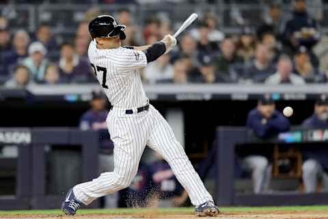 NEW YORK, NEW YORK – OCTOBER 04: Giancarlo Stanton #27 of the New York Yankees grounds out against the Minnesota Twins during the first inning in game one of the American League Division Series at Yankee Stadium on October 04, 2019 in New York City. (Photo by Elsa/Getty Images)