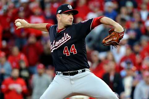 ST LOUIS, MISSOURI – OCTOBER 12: Daniel Hudson #44 of the Washington Nationals delivers in the ninth inning of game two of the National League Championship Series against the St. Louis Cardinals at Busch Stadium on October 12, 2019 in St Louis, Missouri. (Photo by Scott Kane/Getty Images)