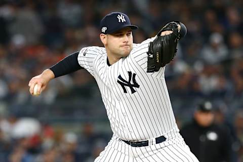 NEW YORK, NEW YORK – OCTOBER 15: Adam Ottavino #0 of the New York Yankees pitches during the seventh inning against the Houston Astros in game three of the American League Championship Series at Yankee Stadium on October 15, 2019 in New York City. (Photo by Mike Stobe/Getty Images)