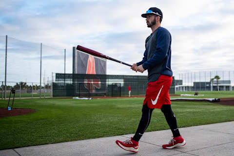 FT. MYERS, FL – FEBRUARY 16: Connor Wong of the Boston Red Sox walks to the cage during a team workout on February 16, 2020 at jetBlue Park at Fenway South in Fort Myers, Florida. (Photo by Billie Weiss/Boston Red Sox/Getty Images)