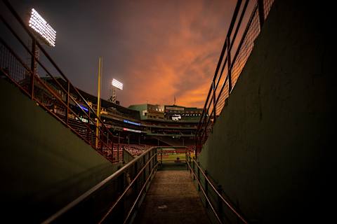 BOSTON, MA – AUGUST 13: A general view as the sun sets during a game between the Boston Red Sox and the Tampa Bay Rays on August 13, 2020 at Fenway Park in Boston, Massachusetts. The 2020 season had been postponed since March due to the COVID-19 pandemic. (Photo by Billie Weiss/Boston Red Sox/Getty Images)