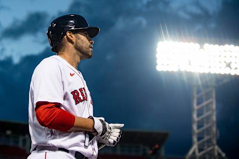 BOSTON, MA – AUGUST 18: J.D. Martinez #28 of the Boston Red Sox looks on during the first inning of a game against the Philadelphia Phillies on August 18, 2020 at Fenway Park (Photo by Billie Weiss/Boston Red Sox/Getty Images)