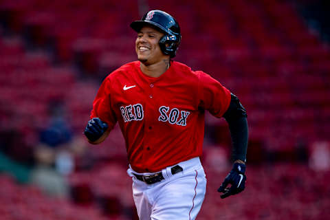 Yairo Munoz #60 of the Boston Red Sox reacts after hitting a two run home run. (Photo by Billie Weiss/Boston Red Sox/Getty Images)