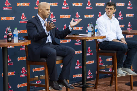 BOSTON, MA – NOVEMBER 10: Alex Cora speaks alongside Chief Baseball Officer Chaim Bloom during a press conference introducing him as the manager of the Boston Red Sox on November 10, 2020 at Fenway Park in Boston, Massachusetts. (Photo by Billie Weiss/Boston Red Sox/Getty Images)