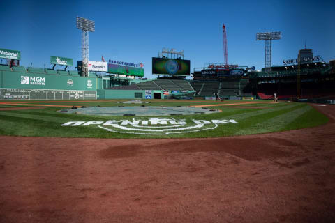 BOSTON, MA – MARCH 30: The Opening Day stencil is seen behind home plate during a media availability at Fenway Park on March 30, 2021 in Boston, Massachusetts. (Photo by Kathryn Riley/Getty Images)