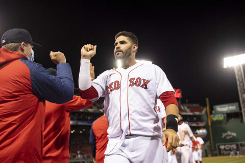 BOSTON, MA – APRIL 6: J.D. Martinez #28 of the Boston Red Sox reacts after hitting a game winning walk-off single during the twelfth inning against the Tampa Bay Rays on April 6, 2021 at Fenway Park in Boston, Massachusetts. (Photo by Billie Weiss/Boston Red Sox/Getty Images)