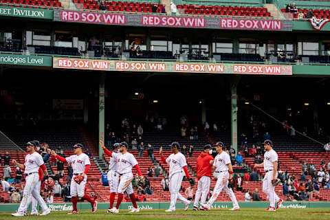 BOSTON, MA – APRIL 7: Members of the Boston Red Sox celebrate a victory against the Tampa Bay Rays on April 7, 2021 at Fenway Park in Boston, Massachusetts. (Photo by Billie Weiss/Boston Red Sox/Getty Images)