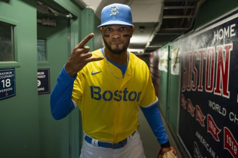 BOSTON, MA – APRIL 17: Xander Bogaerts #2 of the Boston Red Sox reacts as he wears the Nike City Connect jersey before a game against the Chicago White Sox on April 17, 2021 at Fenway Park in Boston, Massachusetts. (Photo by Billie Weiss/Boston Red Sox/Getty Images)