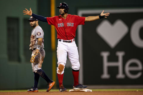 BOSTON, MA – JUNE 10: Xander Bogaerts #2 of the Boston Red Sox reacts as he reaches second base on an infield fly rule call during the sixth inning of a game against the Houston Astros on June 10, 2021 at Fenway Park in Boston, Massachusetts. (Photo by Billie Weiss/Boston Red Sox/Getty Images)