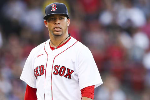 BOSTON, MA – AUGUST 12: Hansel Robles #56 of the Boston Red Sox returns to the dugout in the middle of the sixth inning after balking in a run in the sixth inning of a game at Fenway Park on August 12, 2021 in Boston, Massachusetts. (Photo by Adam Glanzman/Getty Images)