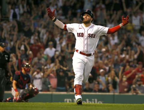 BOSTON, MA – SEPTEMBER 04: Alex Verdugo #99 of the Boston Red Sox reacts after he drove in winning run against the Cleveland Indians in the ninth inning at Fenway Park on September 4, 2021 in Boston, Massachusetts. (Photo by Jim Rogash/Getty Images)