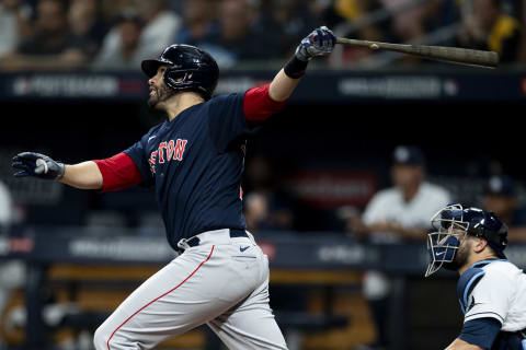 ST PETERSBURG, FL – OCTOBER 08: J.D. Martinez #28 of the Boston Red Sox hits a go ahead three run home run during the fifth inning of game two of the 2021 American League Division Series against the Tampa Bay Rays at Tropicana Field on October 8, 2021 in St Petersburg, Florida. (Photo by Billie Weiss/Boston Red Sox/Getty Images)