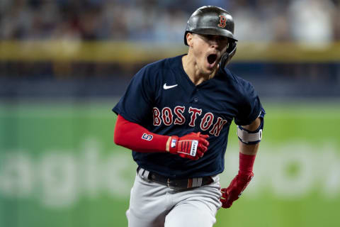 ST PETERSBURG, FL – OCTOBER 08: Enrique Hernandez #5 of the Boston Red Sox reacts after hitting a game tying solo home run during the fifth inning of game two of the 2021 American League Division Series against the Tampa Bay Rays at Tropicana Field on October 8, 2021 in St Petersburg, Florida. (Photo by Billie Weiss/Boston Red Sox/Getty Images)