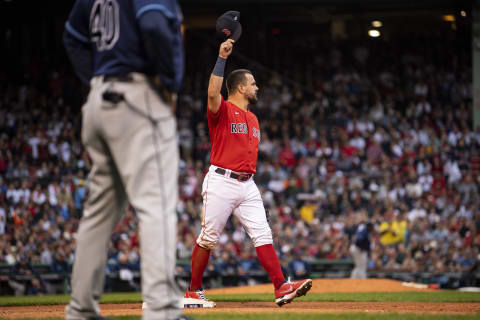 BOSTON, MA – OCTOBER 10: Kyle Schwarber #18 of the Boston Red Sox reacts after tossing the ball to first base during the fourth inning of game three of the 2021 American League Division Series against the Tampa Bay Rays at Fenway Park on October 10, 2021 in Boston, Massachusetts. (Photo by Billie Weiss/Boston Red Sox/Getty Images)