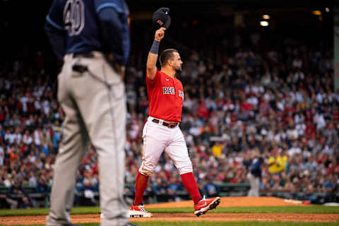 BOSTON, MA – OCTOBER 10: Kyle Schwarber #18 of the Boston Red Sox reacts after tossing the ball to first base during the fourth inning of game three of the 2021 American League Division Series against the Tampa Bay Rays at Fenway Park on October 10, 2021 in Boston, Massachusetts. (Photo by Billie Weiss/Boston Red Sox/Getty Images)