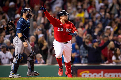 BOSTON, MA – OCTOBER 10: Christian Vazquez #7 of the Boston Red Sox reacts after hitting a game winning walk-off two run home run during the thirteenth inning of game three of the 2021 American League Division Series against the Tampa Bay Rays at Fenway Park on October 10, 2021 in Boston, Massachusetts. (Photo by Billie Weiss/Boston Red Sox/Getty Images)