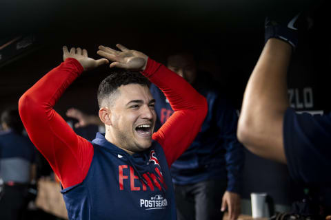 HOUSTON, TX – OCTOBER 16: Rafael Devers #11 of the Boston Red Sox reacts with Jose Iglesias #12 after hitting a grand slam home run during the second inning of game two of the 2021 American League Championship Series against the Houston Astros at Minute Maid Park on October 16, 2021 in Houston, Texas. (Photo by Billie Weiss/Boston Red Sox/Getty Images)