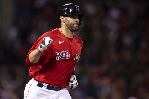 BOSTON, MA – OCTOBER 18: J.D. Martinez #28 of the Boston Red Sox reacts after hitting a two run home run during the sixth inning of game three of the 2021 American League Championship Series against the Houston Astros at Fenway Park on October 18, 2021 in Boston, Massachusetts. (Photo by Billie Weiss/Boston Red Sox/Getty Images)