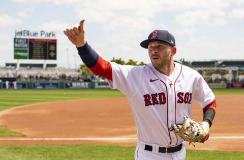 FT. MYERS, FL - MARCH 30: Trevor Story #10 of the Boston Red Sox reacts before his Boston Red Sox Spring Training Grapefruit League debut game against the Atlanta Braves on March 30, 2022 at jetBlue Park at Fenway South in Fort Myers, Florida. (Photo by Billie Weiss/Boston Red Sox/Getty Images)