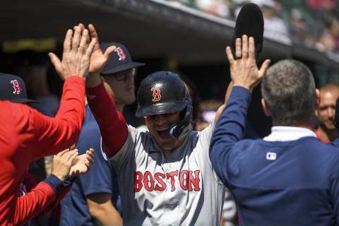 DETROIT, MICHIGAN – APRIL 12: Enrique Hernandez #5 of the Boston Red Sox celebrates after scoring a run against the Detroit Tigers during the top of the sixth inning at Comerica Park on April 12, 2022 in Detroit, Michigan. (Photo by Nic Antaya/Getty Images)